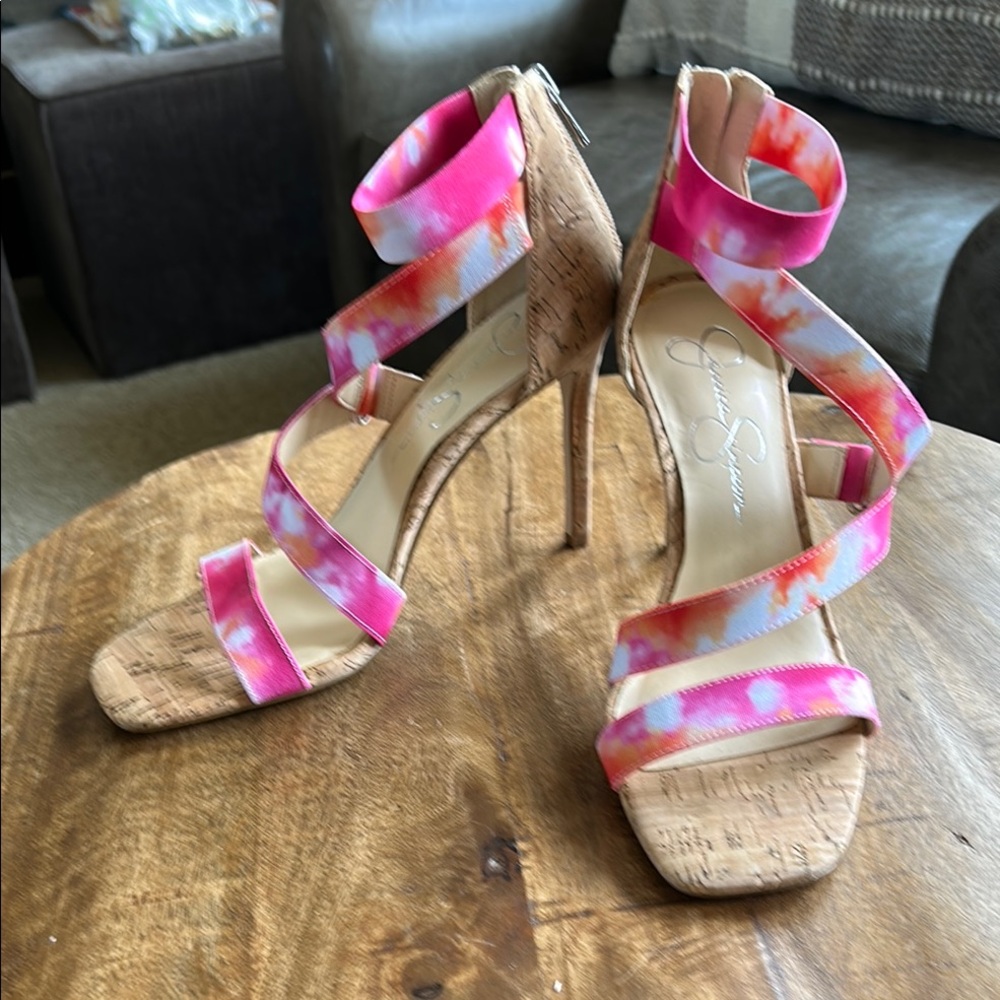 Jessica Simpson Pink and Tan High Heeled Sandals. Size 8